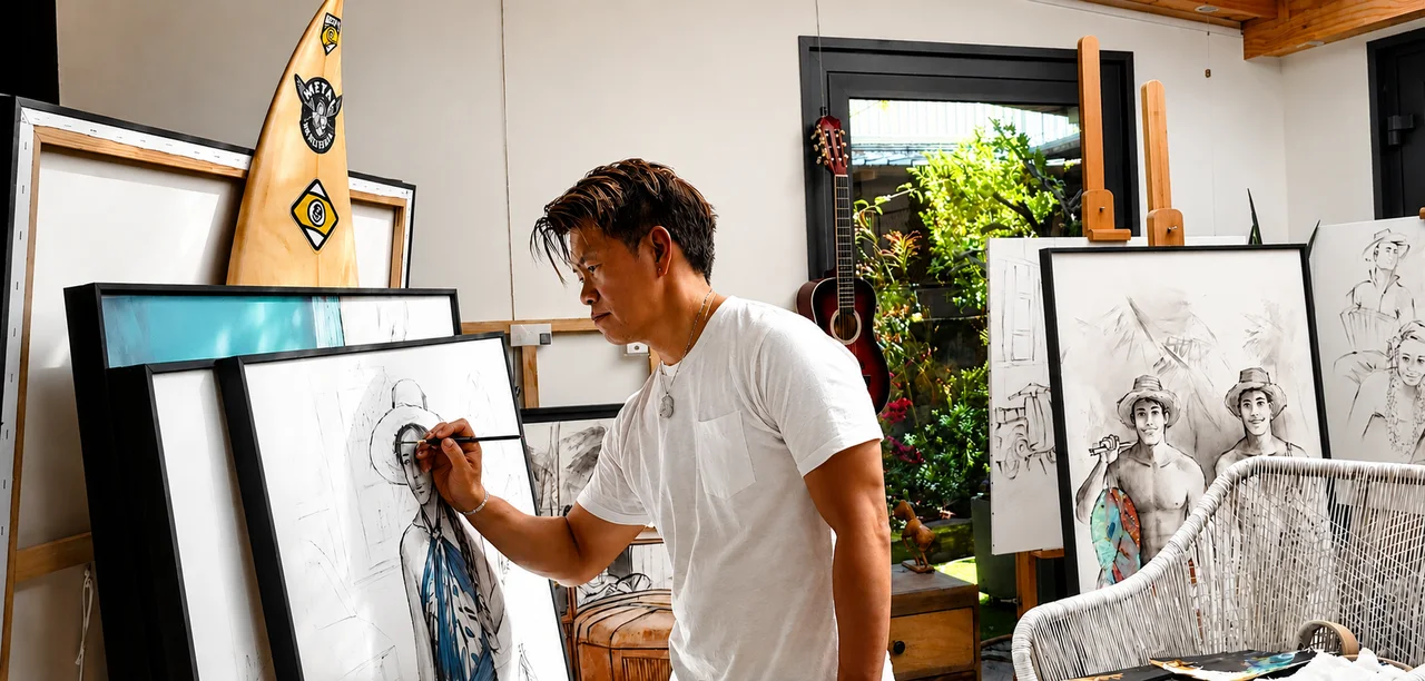 Pascal Sun peignant dans son atelier à Tahiti